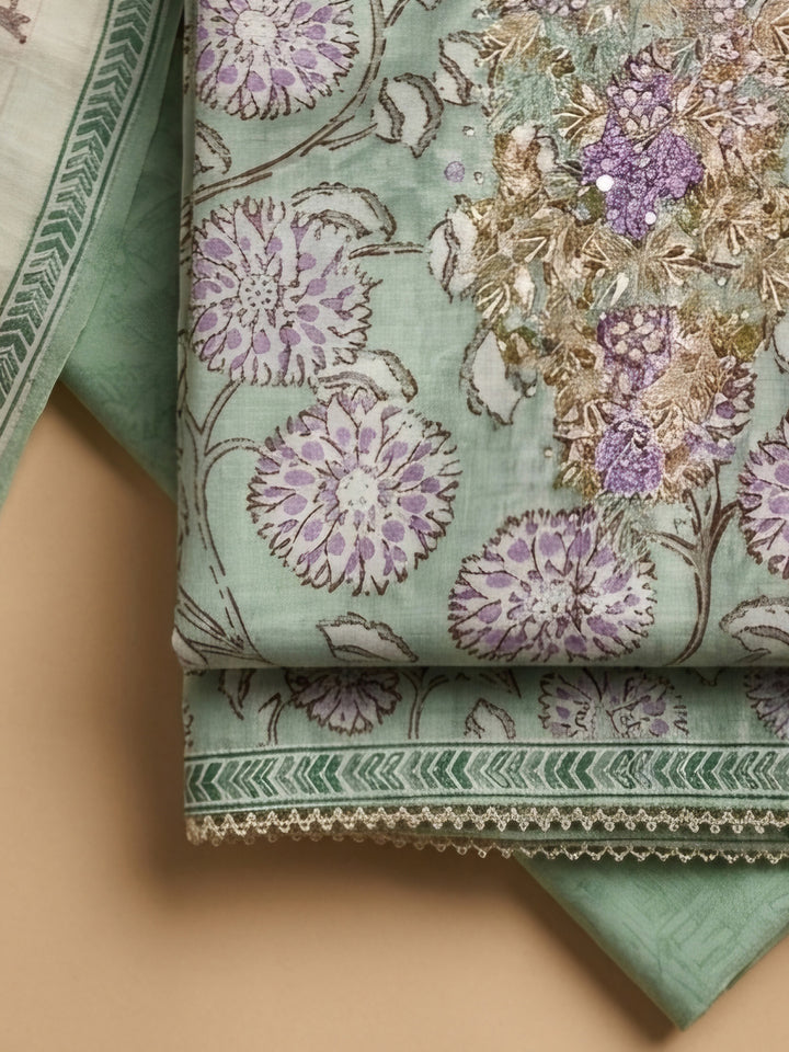 Sea Green Embroidered Cotton Blend Unstitched Suit &amp; Pant With Cotton Dupatta