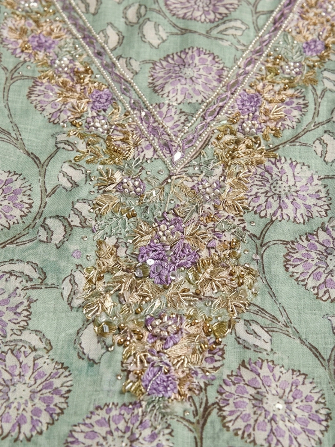 Sea Green Embroidered Cotton Blend Unstitched Suit &amp; Pant With Cotton Dupatta