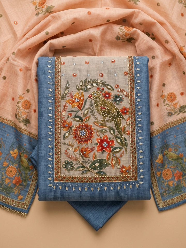 Blue Printed Chanderi Unstitched Suit &amp; Pant With Chanderi Dupatta