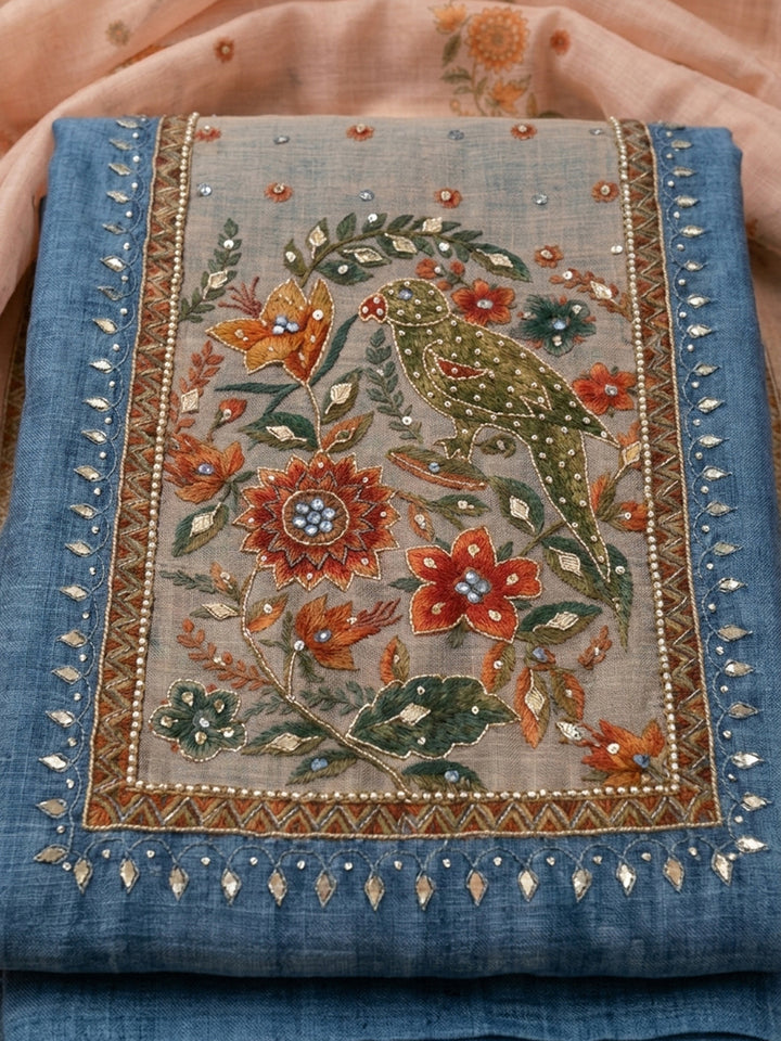 Blue Printed Chanderi Unstitched Suit &amp; Pant With Chanderi Dupatta