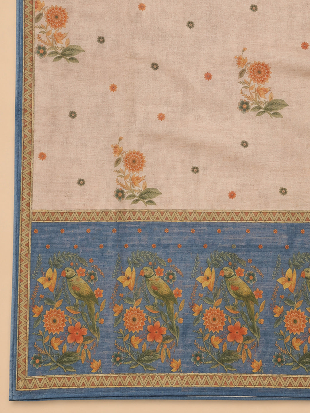 Blue Printed Chanderi Unstitched Suit &amp; Pant With Chanderi Dupatta