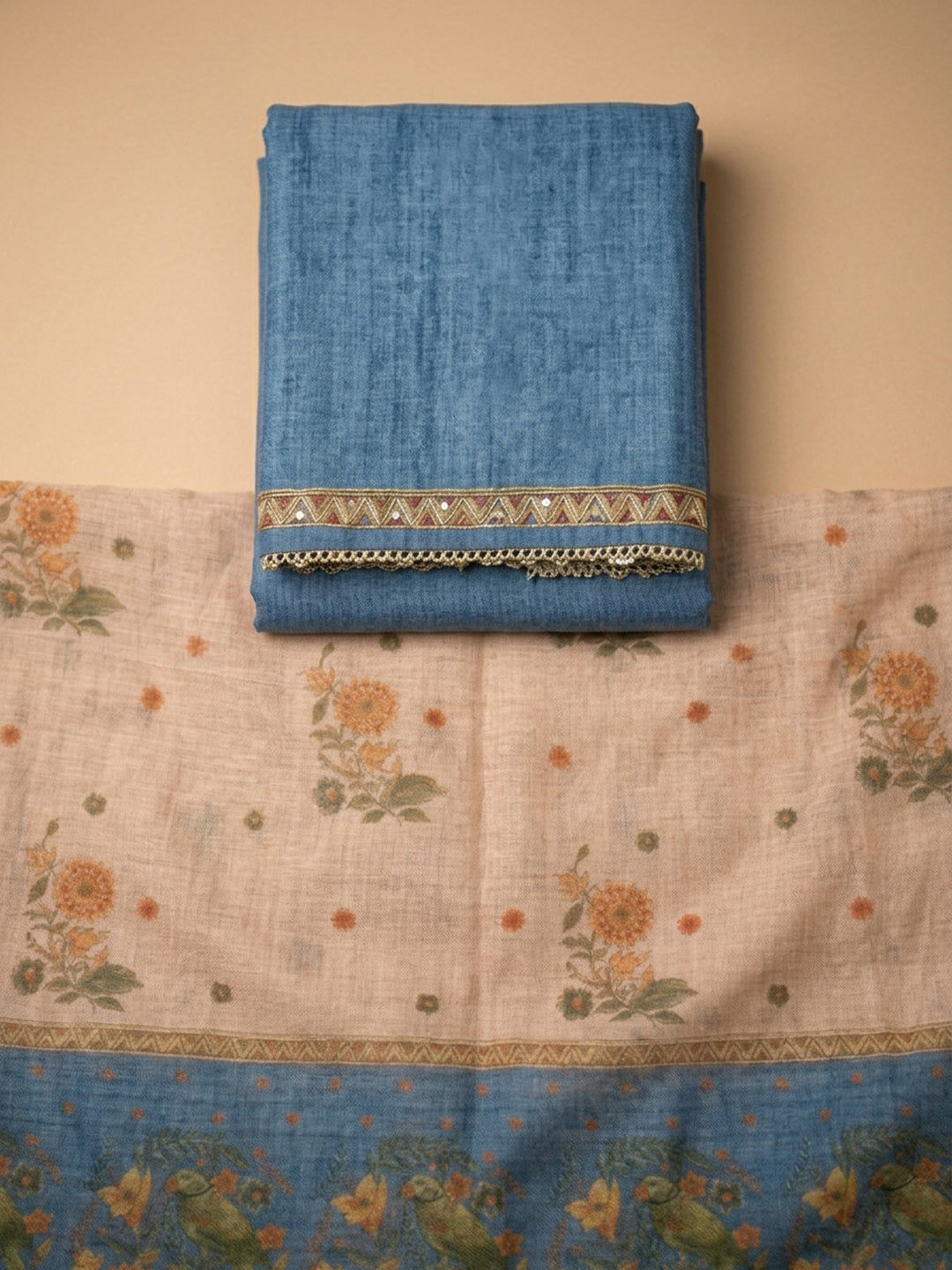 Blue Printed Chanderi Unstitched Suit &amp; Pant With Chanderi Dupatta