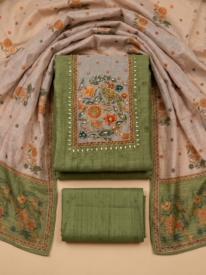 Green Printed Chanderi Unstitched Suit &amp; Pant With Chanderi Dupatta