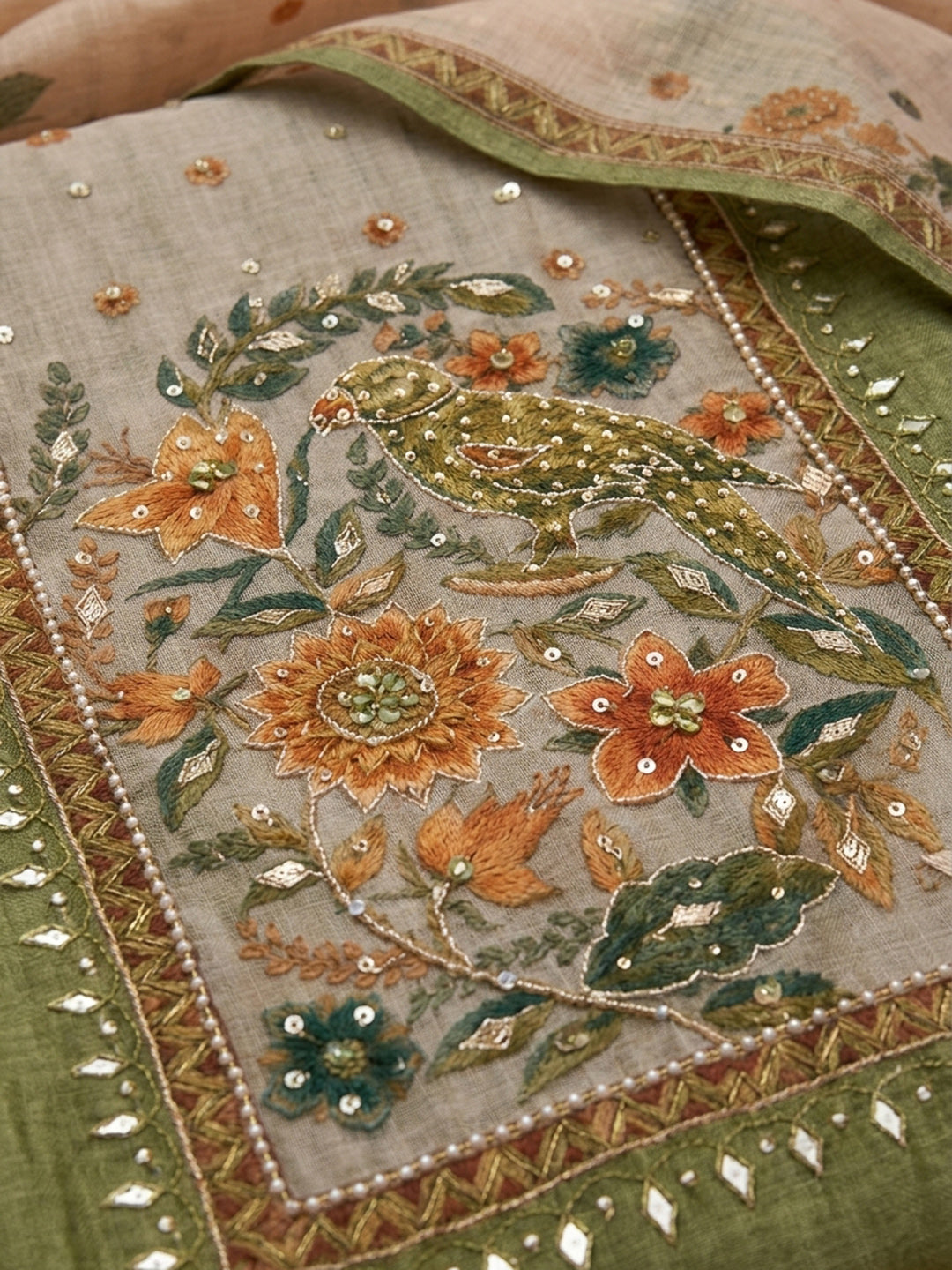 Green Printed Chanderi Unstitched Suit &amp; Pant With Chanderi Dupatta