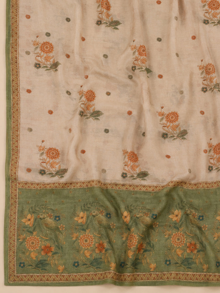 Green Printed Chanderi Unstitched Suit &amp; Pant With Chanderi Dupatta