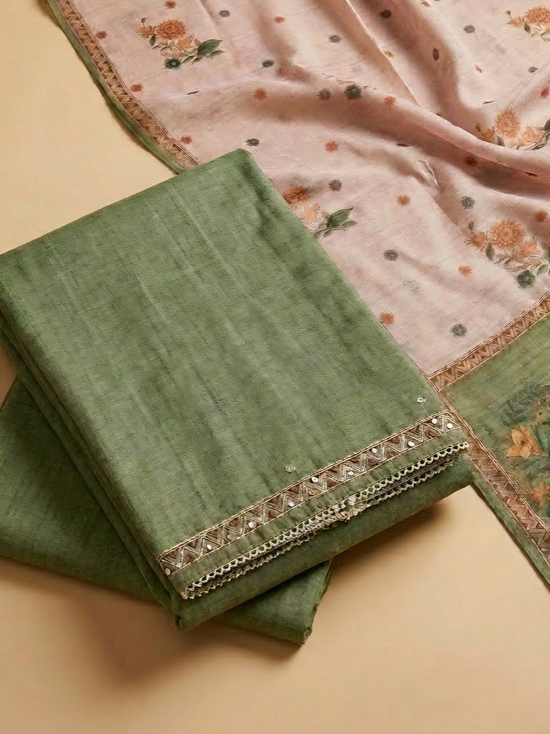 Green Printed Chanderi Unstitched Suit &amp; Pant With Chanderi Dupatta