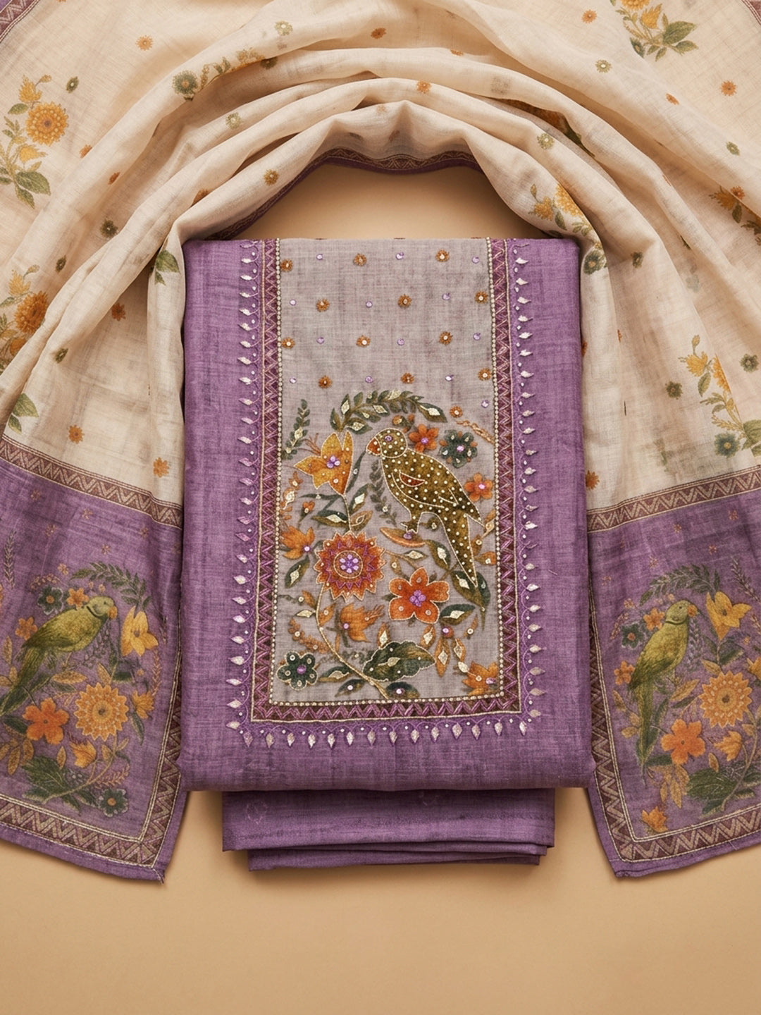 Lavender Printed Chanderi Unstitched Suit &amp; Pant With Chanderi Dupatta