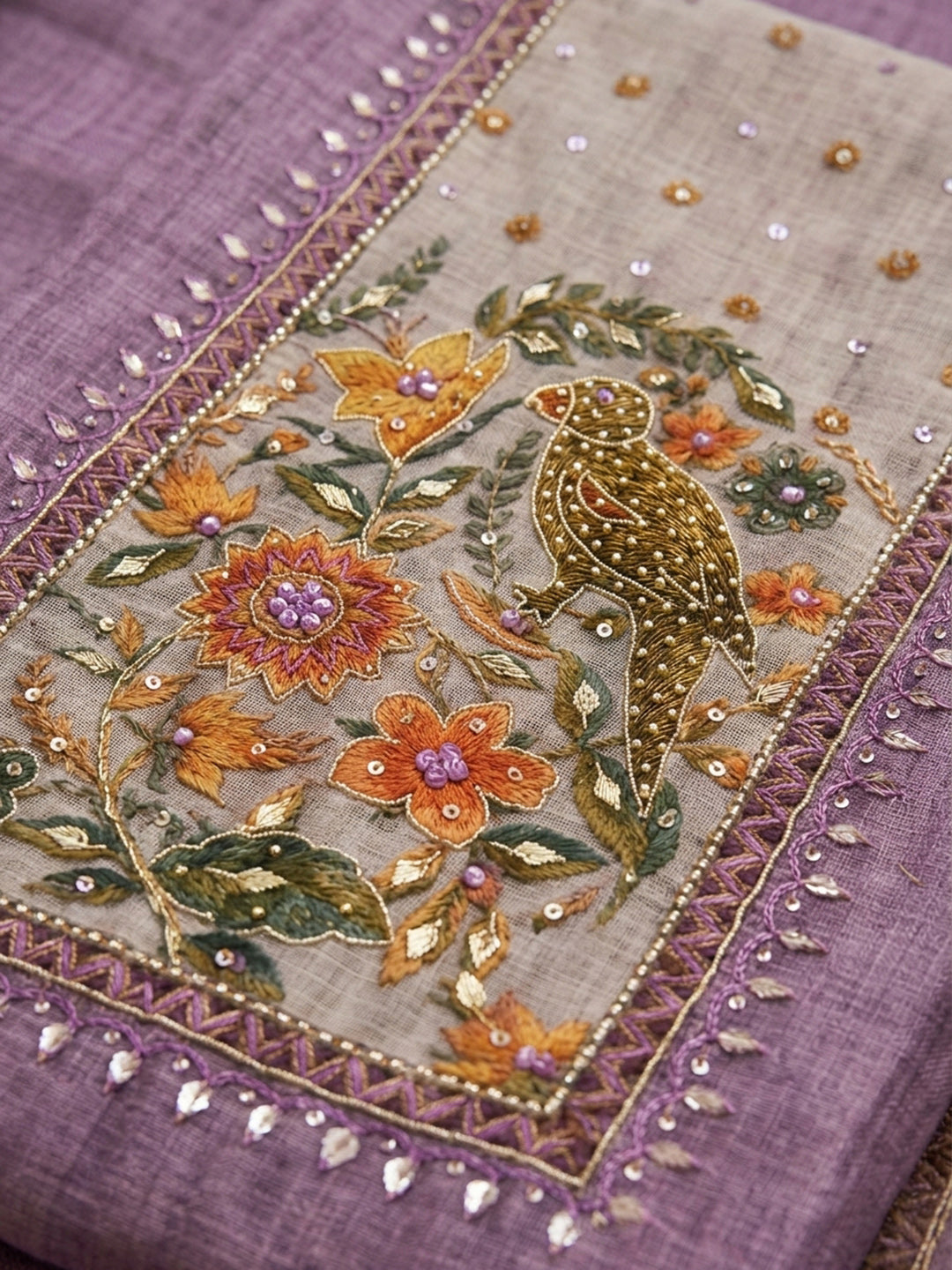 Lavender Printed Chanderi Unstitched Suit &amp; Pant With Chanderi Dupatta