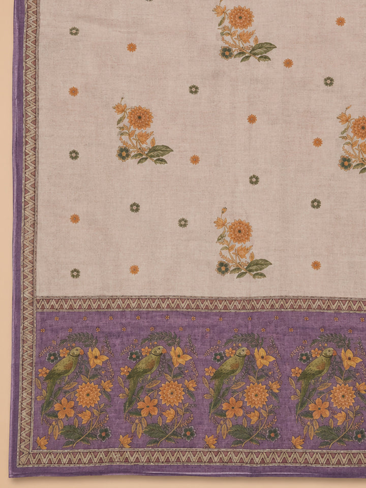 Lavender Printed Chanderi Unstitched Suit &amp; Pant With Chanderi Dupatta