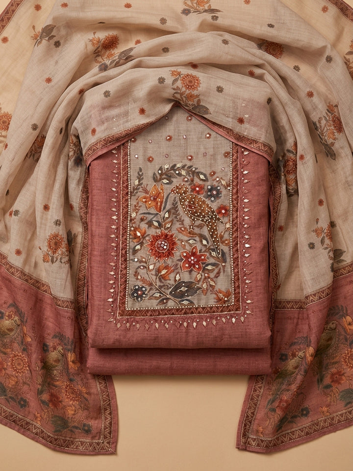 Onion Pink Printed Chanderi Unstitched Suit &amp; Pant With Chanderi Dupatta