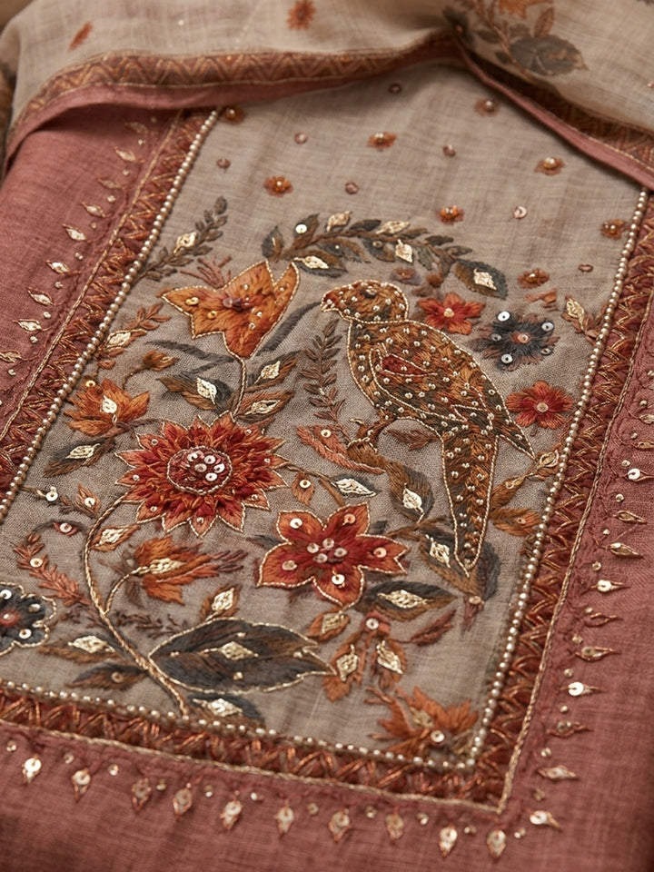 Onion Pink Printed Chanderi Unstitched Suit &amp; Pant With Chanderi Dupatta