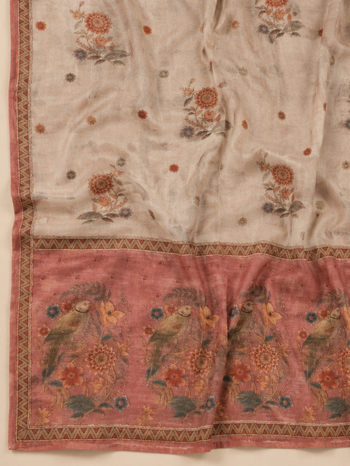 Onion Pink Printed Chanderi Unstitched Suit &amp; Pant With Chanderi Dupatta