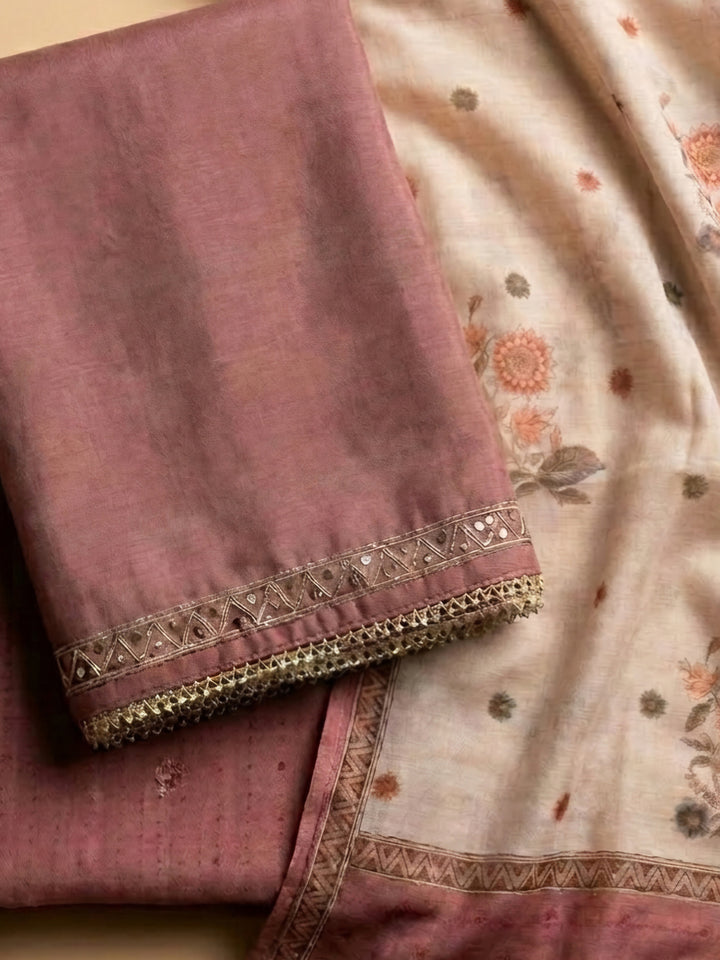 Onion Pink Printed Chanderi Unstitched Suit &amp; Pant With Chanderi Dupatta