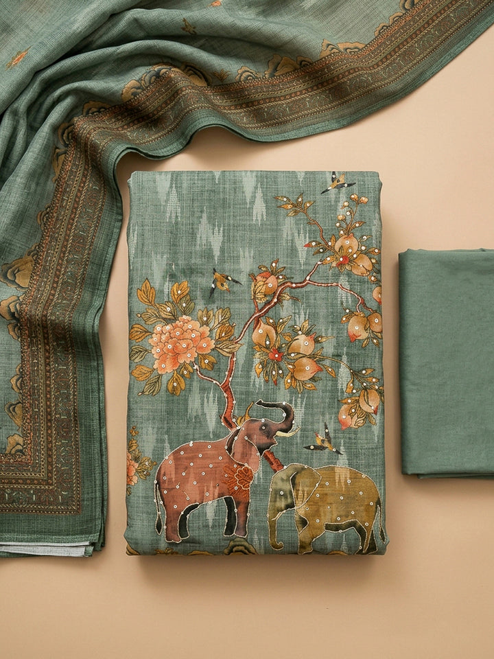 Grey Printed Chanderi Unstitched Dress Material