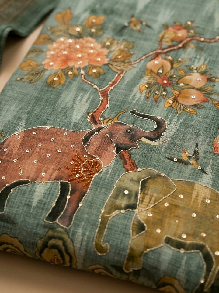 Grey Printed Chanderi Unstitched Dress Material