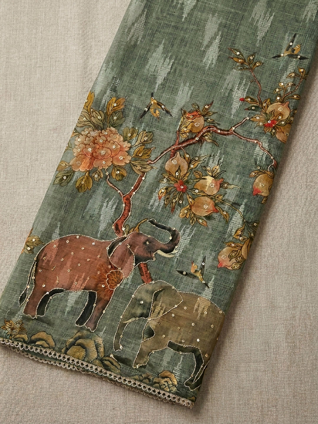 Grey Printed Chanderi Unstitched Dress Material
