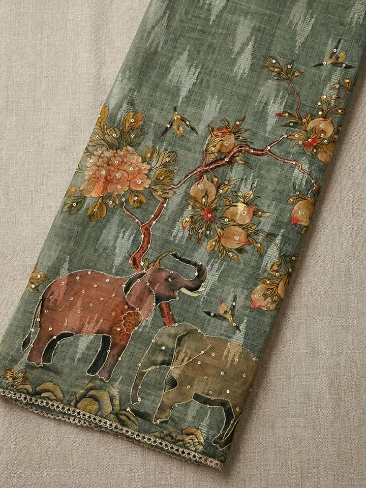 Grey Printed Chanderi Unstitched Dress Material