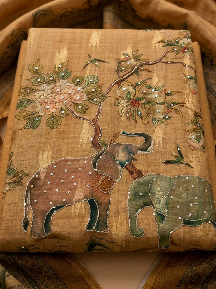 Mustard Printed Chanderi Unstitched Dress Material