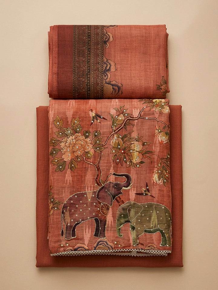 Rust Printed Chanderi Unstitched Dress Material