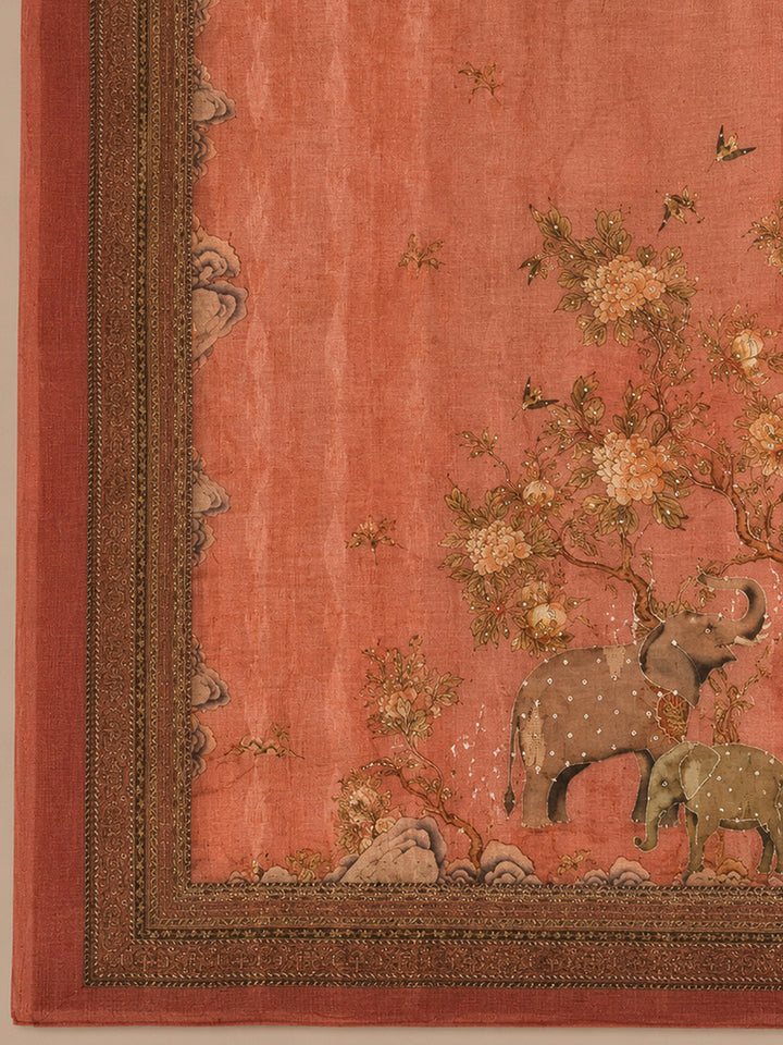 Rust Printed Chanderi Unstitched Dress Material