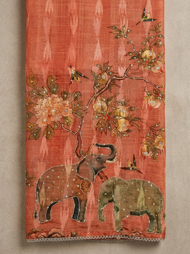 Rust Printed Chanderi Unstitched Dress Material
