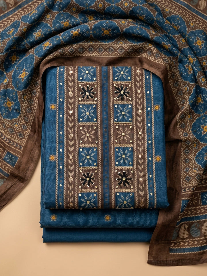 Blue Embroidered Chanderi Unstitched Suit &amp; Pant With Chanderi Dupatta