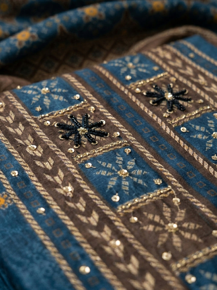 Blue Embroidered Chanderi Unstitched Suit &amp; Pant With Chanderi Dupatta