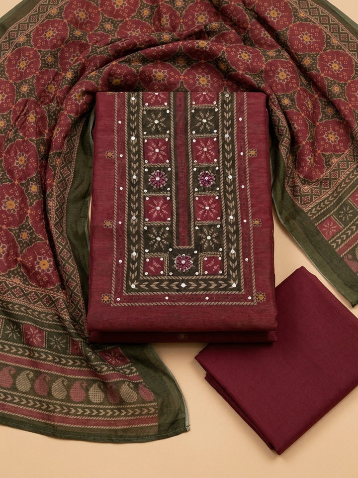 Maroon Embroidered Chanderi Unstitched Suit &amp; Pant With Chanderi Dupatta