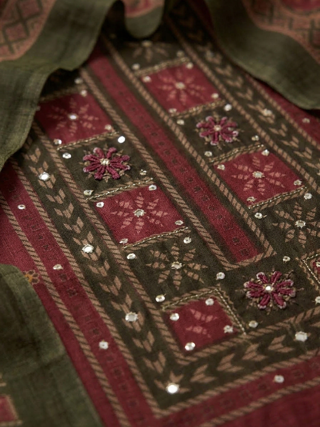 Maroon Embroidered Chanderi Unstitched Suit &amp; Pant With Chanderi Dupatta