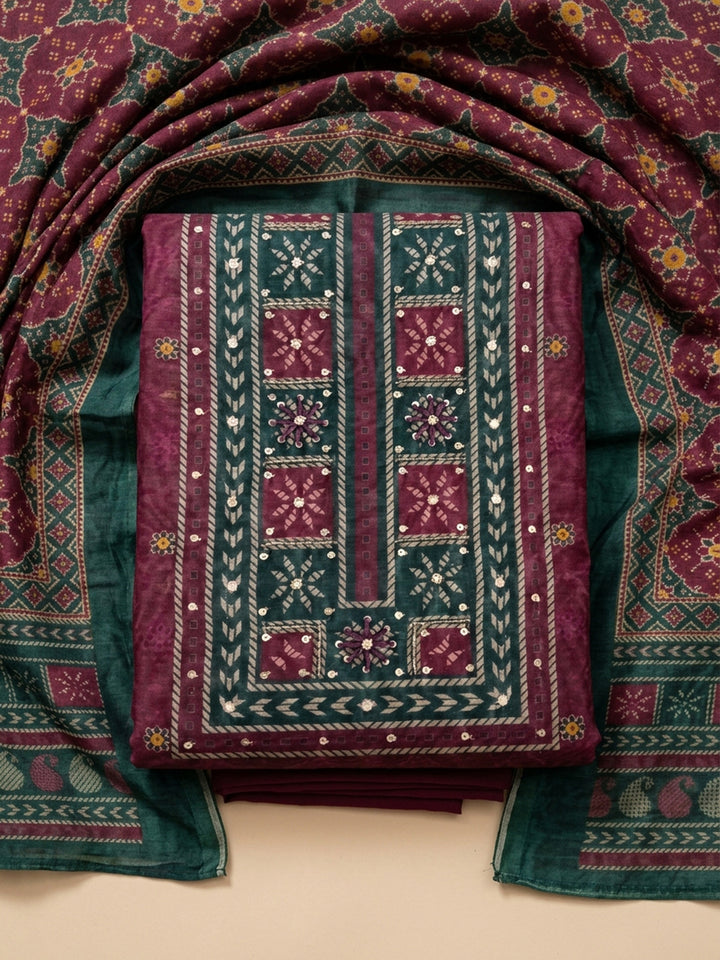 Pink Embroidered Chanderi Unstitched Suit &amp; Pant With Chanderi Dupatta