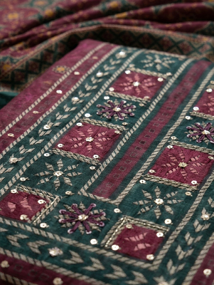 Pink Embroidered Chanderi Unstitched Suit &amp; Pant With Chanderi Dupatta