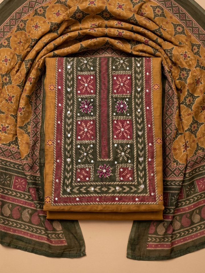 Rust Embroidered Chanderi Unstitched Suit &amp; Pant With Chanderi Dupatta