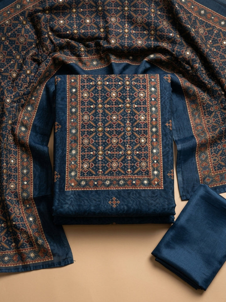 Blue Embroidered Chanderi Unstitched Suit &amp; Pant With Chanderi Dupatta