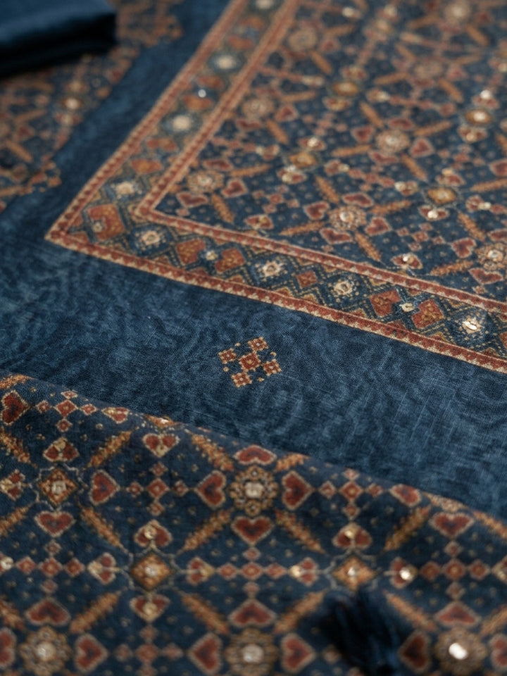 Blue Embroidered Chanderi Unstitched Suit &amp; Pant With Chanderi Dupatta