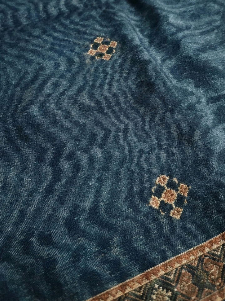 Blue Embroidered Chanderi Unstitched Suit &amp; Pant With Chanderi Dupatta