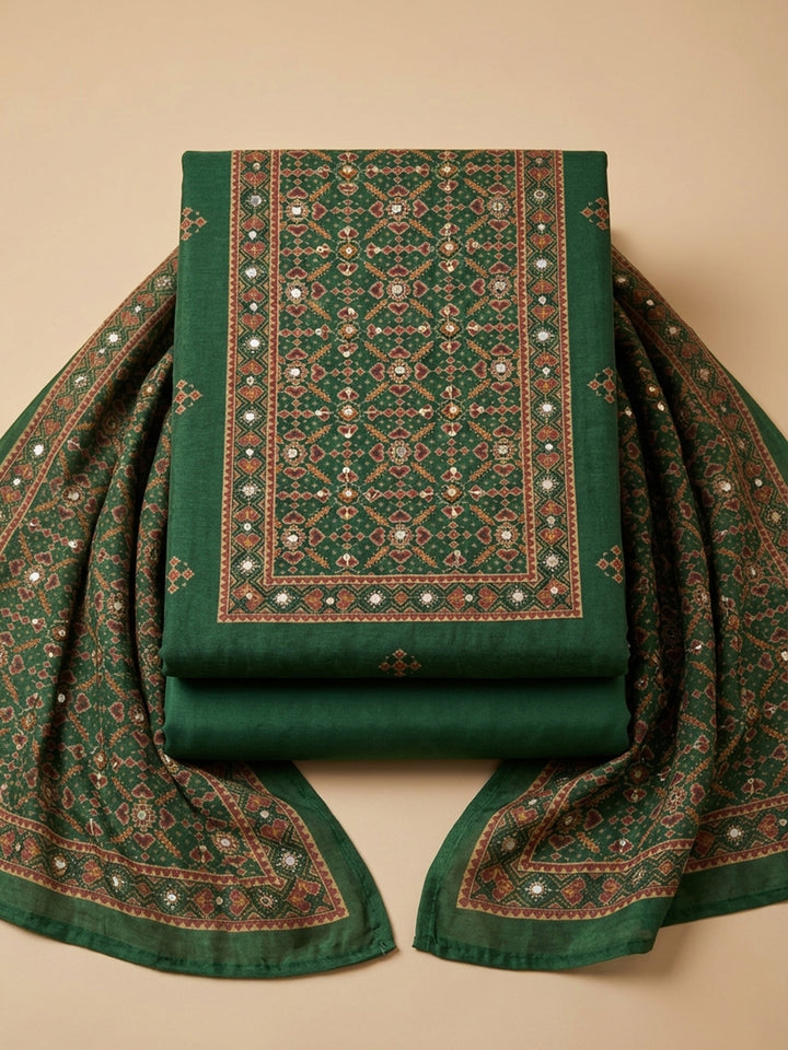 Bottle Green Embroidered Chanderi Unstitched Suit &amp; Pant With Chanderi Dupatta