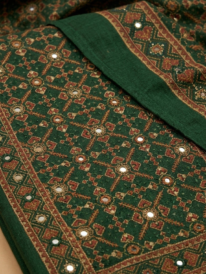 Bottle Green Embroidered Chanderi Unstitched Suit &amp; Pant With Chanderi Dupatta