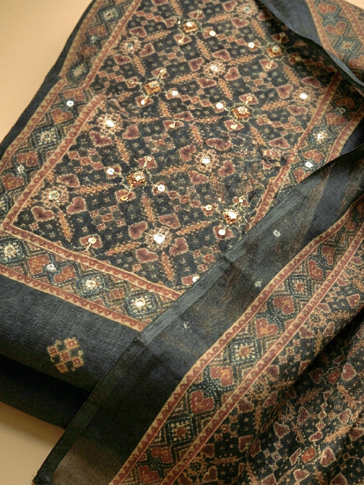 Grey Embroidered Chanderi Unstitched Suit &amp; Pant With Chanderi Dupatta