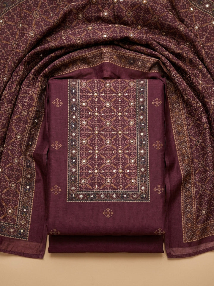 Wine Embroidered Chanderi Unstitched Suit &amp; Pant With Chanderi Dupatta