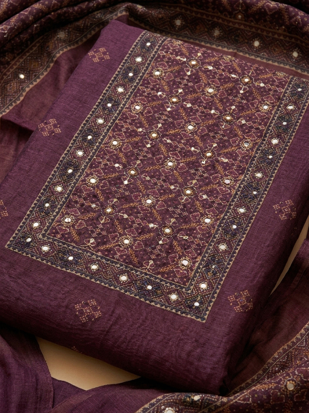 Wine Embroidered Chanderi Unstitched Suit &amp; Pant With Chanderi Dupatta