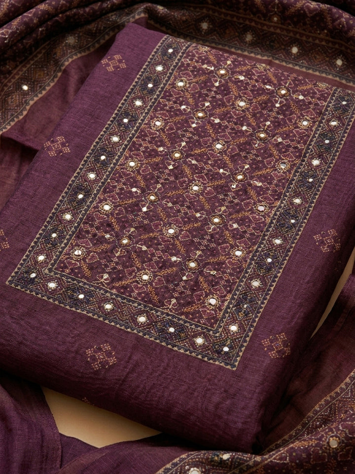 Wine Embroidered Chanderi Unstitched Suit &amp; Pant With Chanderi Dupatta