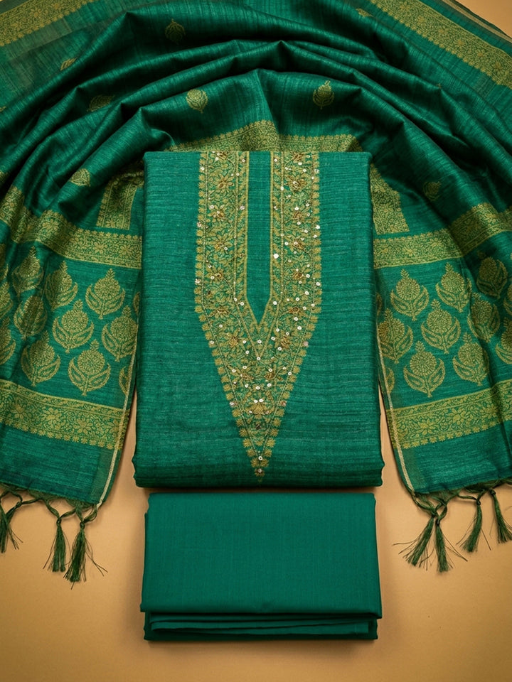 Green Embroidery Chanderi Unstitched Dress Material