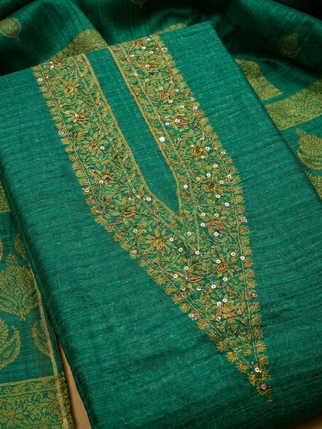 Green Embroidery Chanderi Unstitched Dress Material