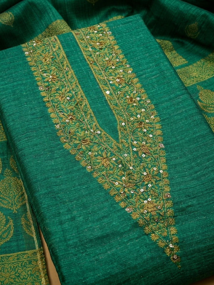 Green Embroidery Chanderi Unstitched Dress Material