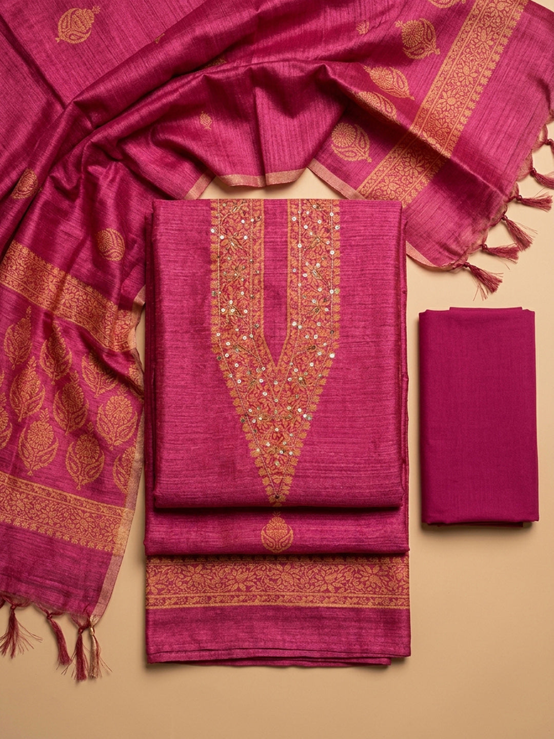 Hot Pink Embroidery Chanderi Unstitched Dress Material