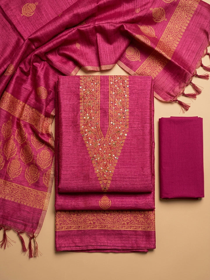 Hot Pink Embroidery Chanderi Unstitched Dress Material