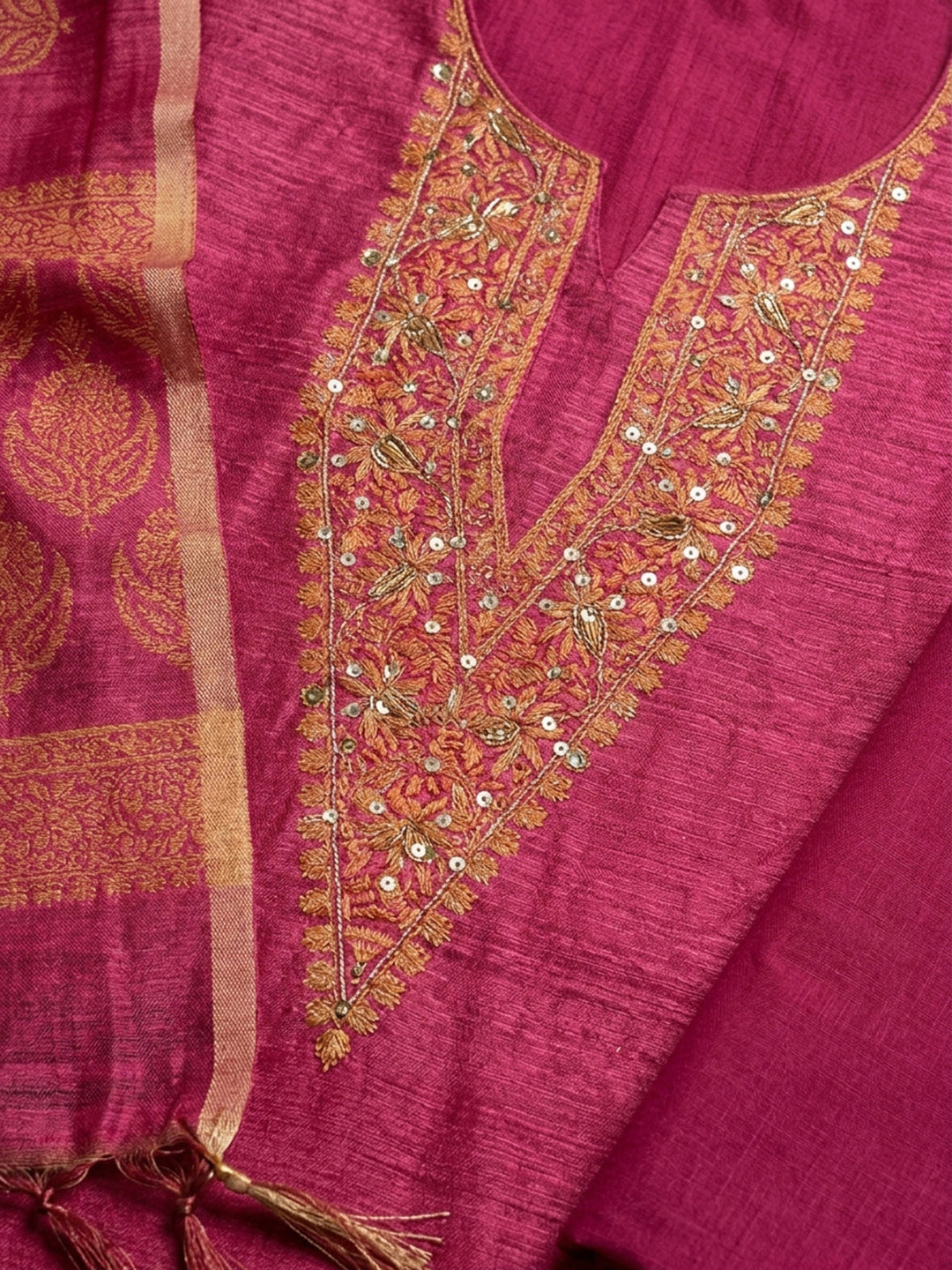 Hot Pink Embroidery Chanderi Unstitched Dress Material