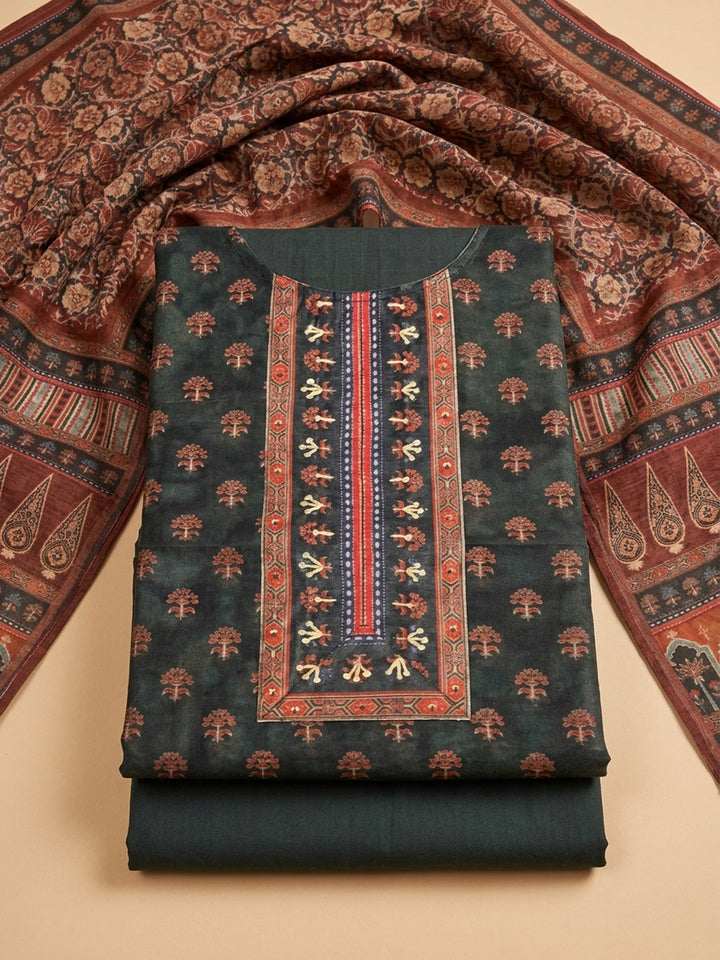Black Embroidered Chanderi Unstitched Suit &amp; Pant With Chanderi Dupatta