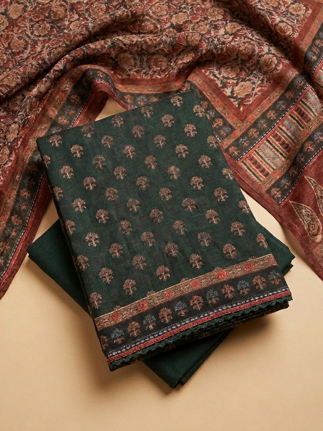 Black Embroidered Chanderi Unstitched Suit &amp; Pant With Chanderi Dupatta