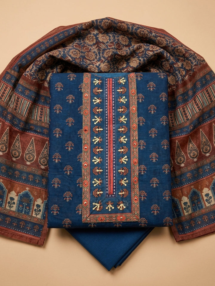 Blue Embroidered Chanderi Unstitched Suit &amp; Pant With Chanderi Dupatta